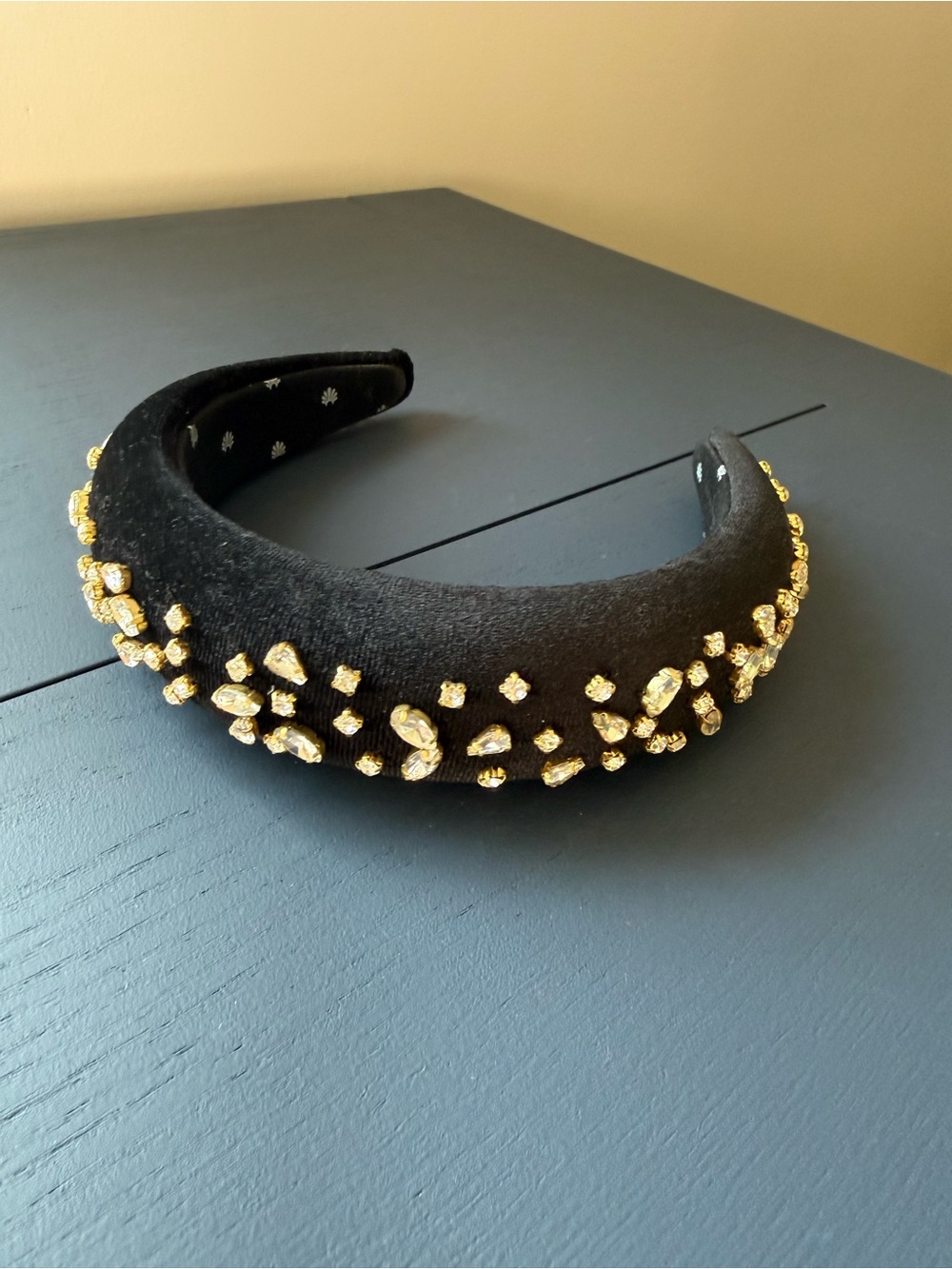 Lele Sadoughi, Black Velvet Jeweled Padded Headband with Gold Accents & Crystals